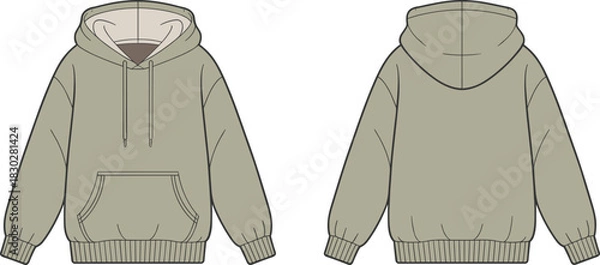 Fototapeta Light olive green hooded sweatshirt front and back view, drawstring kangaroo pocket flat vector fashion sketch for garment design or apparel catalog template
