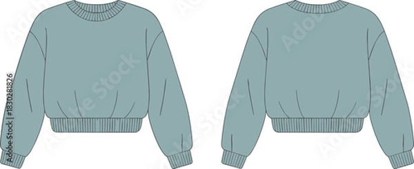 Fototapeta Light blue-green cropped sweatshirt front and back view, ribbed trim flat vector fashion sketch for garment design or apparel catalog template