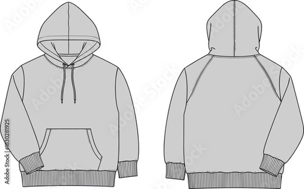 Fototapeta Hooded sweatshirt front and back flat sketch, raglan sleeve kangaroo pocket drawstring hood ribbed cuff hem detail, cad drawing flat vector illustration design