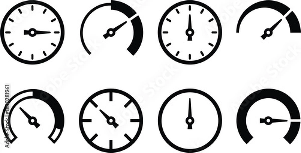 Fototapeta Tachometer and Speedometer Gauge Icon Set, Performance Indicator, Measurement, Maximum Speed, Dashboard, Progress, Rating, and Evaluation Outline Symbols Vector