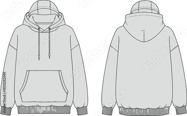 Fototapeta Hooded sweatshirt front and back flat sketch, dropped shoulder kangaroo pocket drawstring hood ribbed cuff hem horizontal back seam, cad drawing vector template