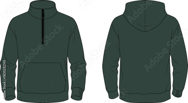 Fototapeta Half zip hoodie front and back flat sketch, kangaroo pocket drawstring hood ribbed cuff hem detail, cad drawing flat vector illustration template