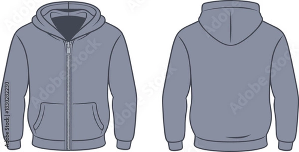 Fototapeta Gray zip-up hoodie front and back view, drawstring hood with pockets and ribbed trim, flat vector fashion sketch for garment design or apparel catalog template