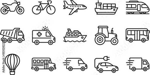 Fototapeta Transportation and Vehicle line icons set, Delivery, Cargo, Public Transport, Motorcycle, Train, Ship, Bicycle, and Emergency Car vector collection