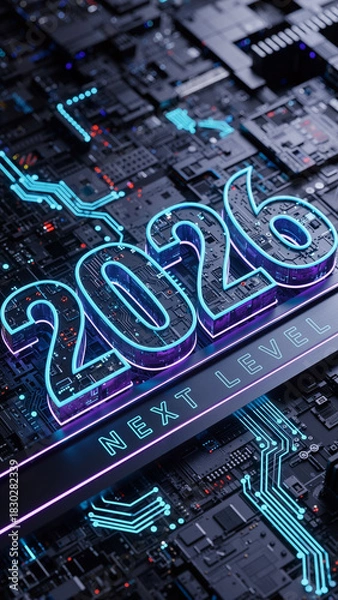 Fototapeta Neon 2026 next level text and digital circuit board. Technology evolution and future innovation concept. Progress and development.
