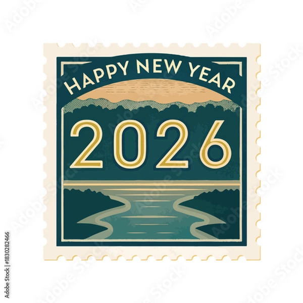 Obraz Retro Happy New Year 2026 Postage Stamp Greeting Card Design with Rustic Landscape Art