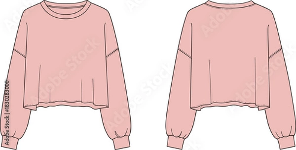 Fototapeta Cropped sweatshirt front and back flat sketch, dropped shoulder wide sleeve raw hem ribbed cuff neckline, cad drawing flat vector illustration template