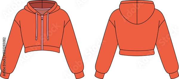 Fototapeta Cropped hoodie front and back view, drawstring hood zipper closure flat vector fashion sketch for garment design or apparel catalog template