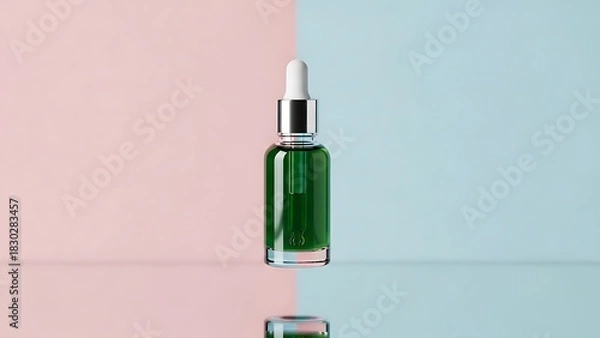 Obraz Elegant green serum bottle for skincare routine and beauty product advertising on pastel pink and blue background