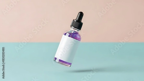 Obraz Elegant dropper bottle with blank label for branding cosmetic or essential oil product mockup against pastel backdrop