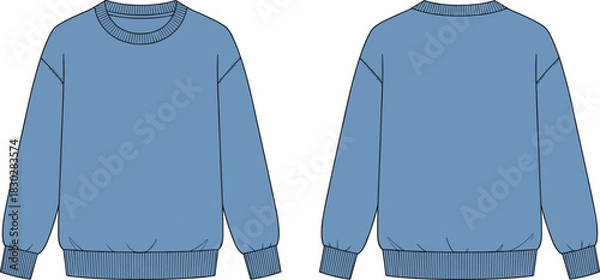 Fototapeta Crewneck sweatshirt front and back flat sketch, dropped shoulder ribbed cuff hem neckline detail, cad drawing flat vector illustration fashion templateCrewneck sweatshirt front and back flat 