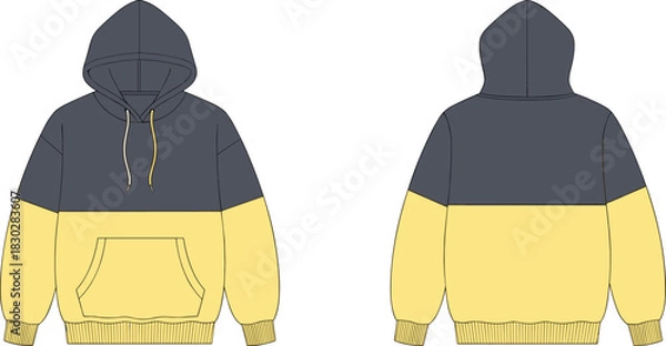 Fototapeta Color-blocked hoodie front and back flat sketch, drawstring hood kangaroo pocket ribbed cuff hem detail, cad drawing flat vector illustration template