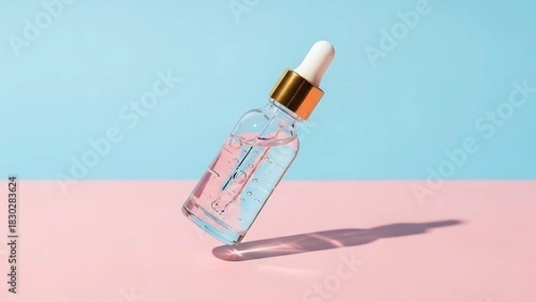 Obraz Elegant skincare serum bottle floating on vibrant pink surface against soft blue background for product promotion