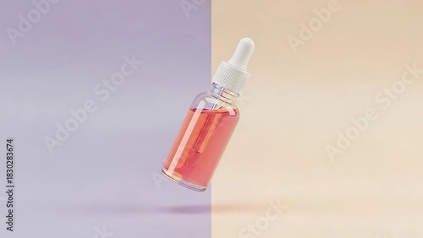 Obraz Elegant serum bottle with dropper for beauty product promotion or essential oil display on pastel split background