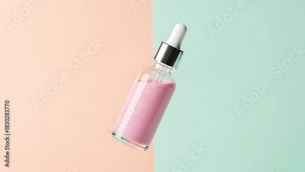 Obraz Elegant pink serum in glass bottle for modern skincare routine on pastel peach and mint background