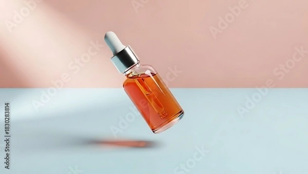 Obraz Elegant serum bottle levitating with amber liquid for beauty and wellness concepts with modern minimalist style