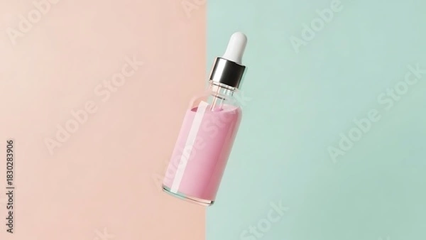 Obraz Elegant pink serum bottle with dropper for skincare routine on pastel background for wellness and beauty ads
