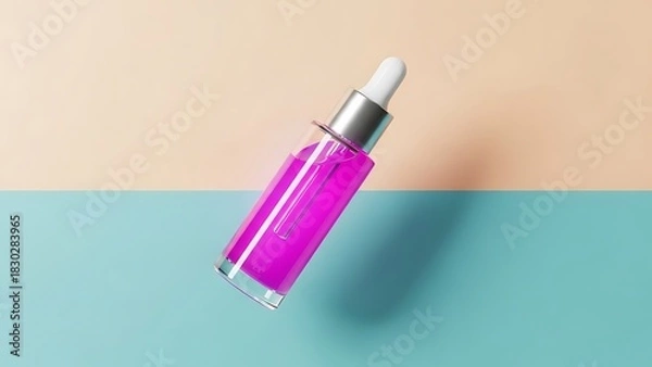 Obraz Vibrant pink serum bottle for skin care with dropper on modern pastel background adds healthy glow