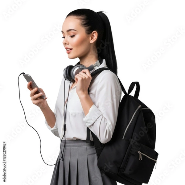 Fototapeta Girl in School Uniform with Backpack and Phone - Transparent Background