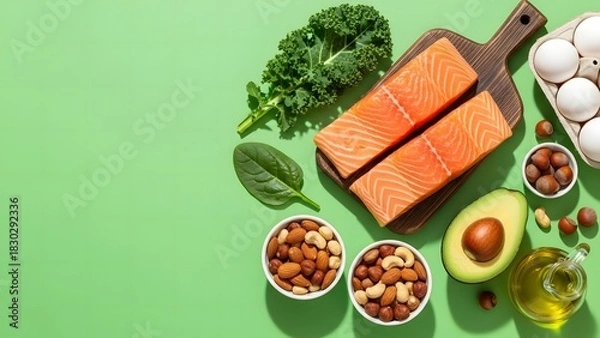 Obraz Healthy Fats Food Composition on Green Background.