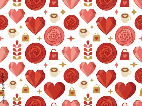 Obraz Valentines Day Pattern with Hearts Roses and Festive Elements.