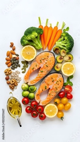 Obraz Healthy Food Composition with Salmon, Vegetables, and Nuts.