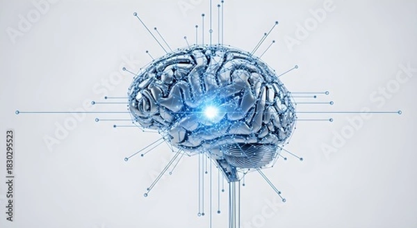 Obraz Futuristic metallic brain with glowing center, symbolizing AI, thought, and data processing