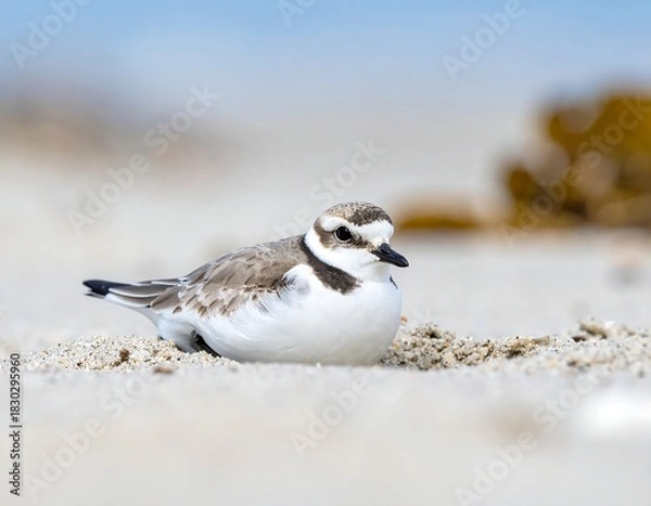 Obraz A small shorebird rests peacefully on the sand, facing to the right