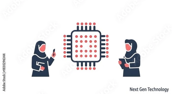 Obraz Two women in hijabs interacting with a microchip representing next-generation technology and innovation