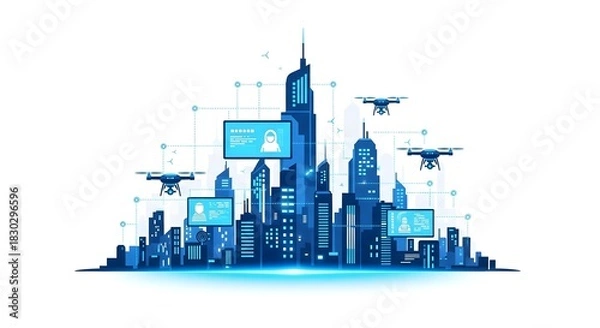 Obraz Smart City Network Drones, Buildings, and Digital Displays Connected in a Futuristic Skyline