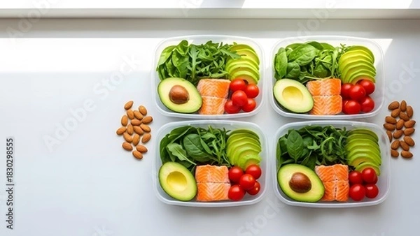 Obraz Healthy meal prep containers with fresh vegetables and avocado.