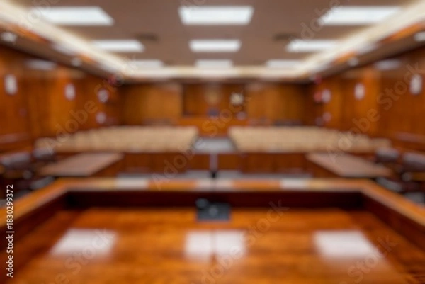 Fototapeta blurry photo of a large courthouse modern interior of large wooden stilts, judge POV 