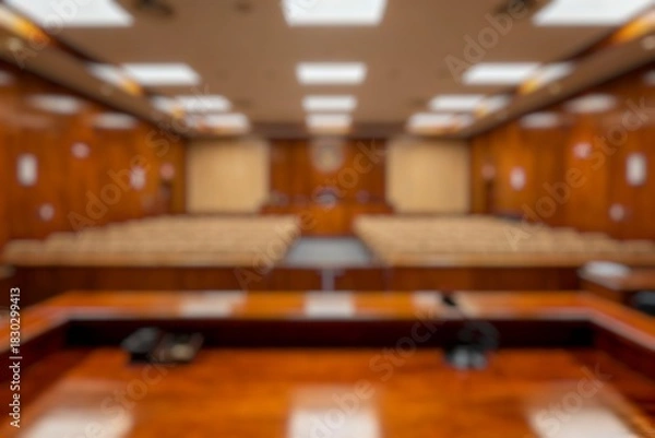 Fototapeta Blurred background of Minimalist courtroom interior, POV judge
