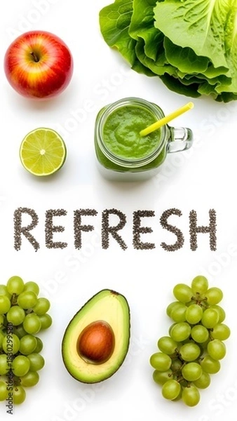 Obraz Healthy Refreshing Green Smoothie with Fruits and Vegetables.