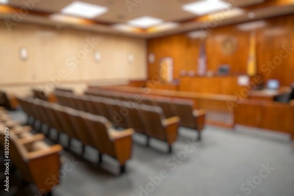 Fototapeta Defocused Background of Modern Courthouse Interior with Wooden Elements and Empty Seating in a Well-Lit Courtroom Setting. Blurred Background Photo.
