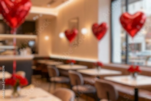 Fototapeta Blurry Table setting for Valentine's Day with glowing lights and heart shaped balloons in room