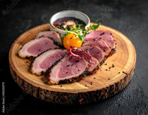 Fototapeta Sliced cured meat with sauce and garnishes on rustic wooden board