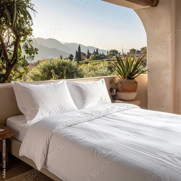 Fototapeta White bedding on a patio with mountain view