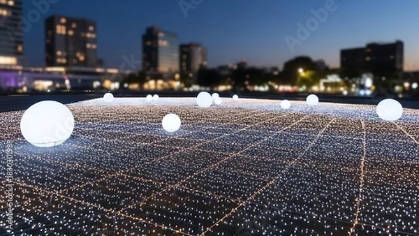 Obraz Illuminated sphere lights in a city square at night.