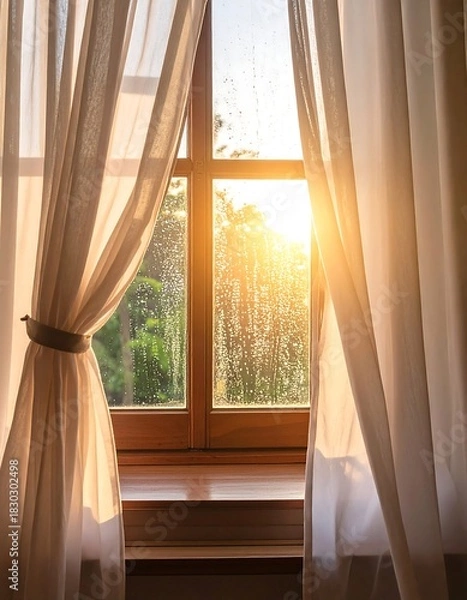 Fototapeta Sunny morning view through wooden window with draped curtains