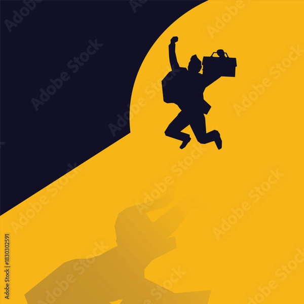 Fototapeta Minimalist vector illustration of a businessman jumping excitedly while holding a briefcase, casting a dynamic shadow on the ground
