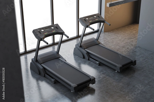 Fototapeta Two treadmills in a brown room top view