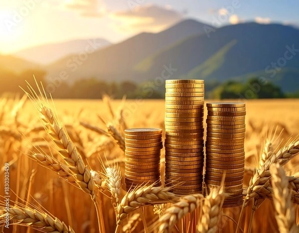 Fototapeta Stacked golden coins in wheat field with mountains at sunset