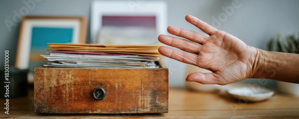 Obraz Hand pushing wooden drawer of documents government shutdown affecting office mail organization calm