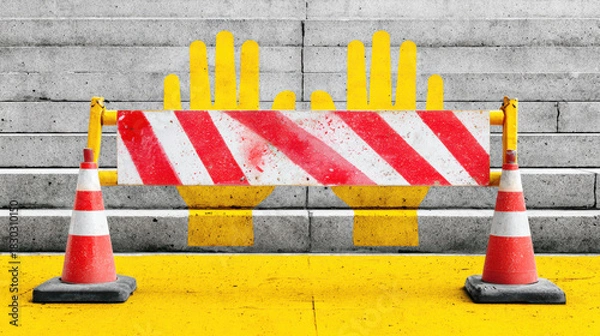 Fototapeta Yellow hands painted on concrete stairs with barrier and cones conveying government shutdown warning and caution