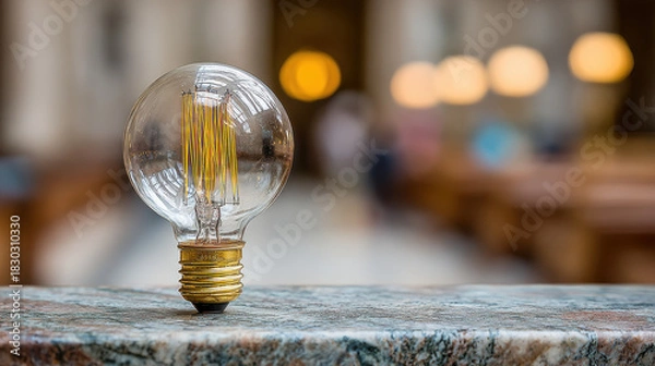 Fototapeta Glass light bulb on marble surface with blurred interior and warm bokeh government shutdown inspires creativity