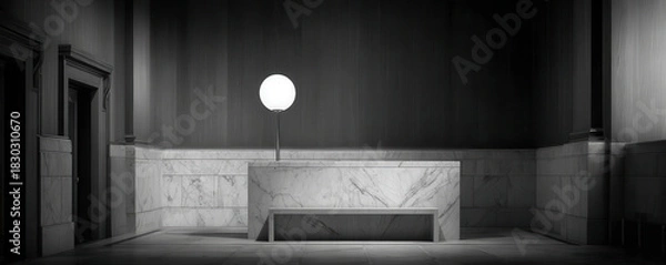 Fototapeta Marble bench and lamp in quiet government hall conveying calm amid subtle shutdown mood
