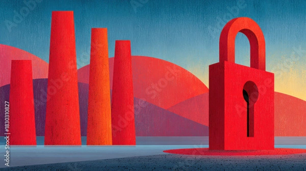 Fototapeta Red padlock sculpture on shoreline with red towers and layered hills at sunset government shutdown concern