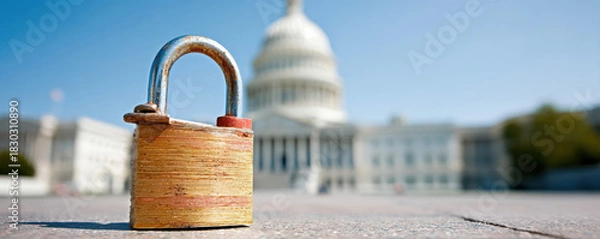 Obraz Rusty padlock on pavement with capitol dome in background government shutdown anxiety and security concerns