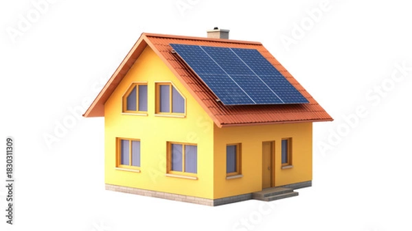 Fototapeta Sustainable solar panel home with modern eco architecture green energy rooftop array efficient residential structure detail isolated on white background